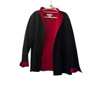 Casual Corner 100% Wool Black & Red Open Front Cardigan Sweater Jacket Vintage